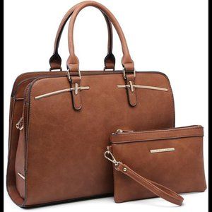 2 Pcs Vegan Leather Women Handbag Wallet Tote Bag Shoulder Bag w/ 3 Compartments